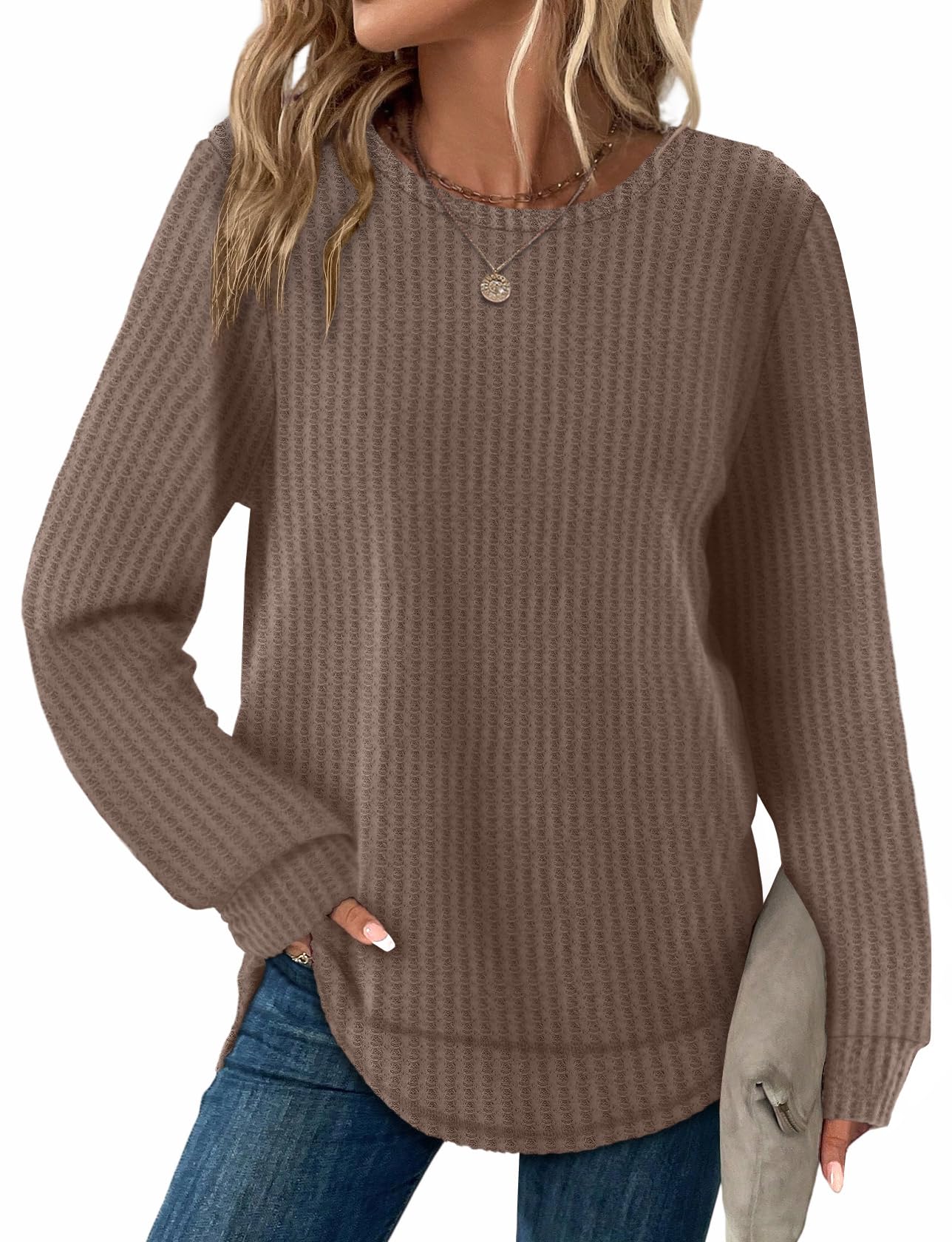 Women's Tunic Tops - Loose Fit Waffle Knit Long Sleeve Crewneck Sweaters A-coffee
