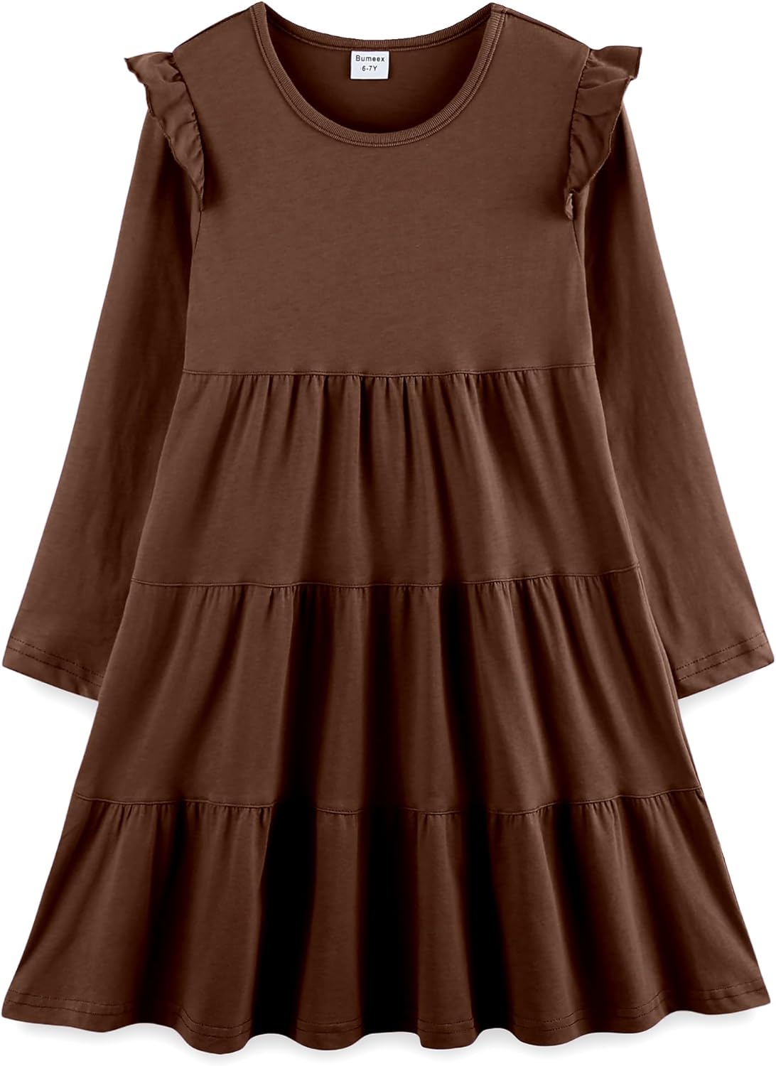 Bumeex Girl's Dresses Cotton Ruffle Sleeve Tiered Swing A-Line Cute Midi Casual Sundress #Brown