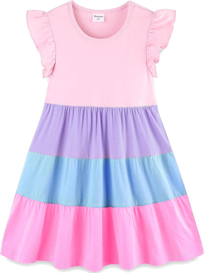 Girls Cotton Dress - Ruffle Sleeve Tiered A-Line Midi Sundress Pink 1