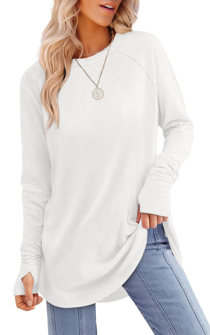 Tunic Top with Thumb Holes for Women - Long Sleeve Shirt with Curved Hem