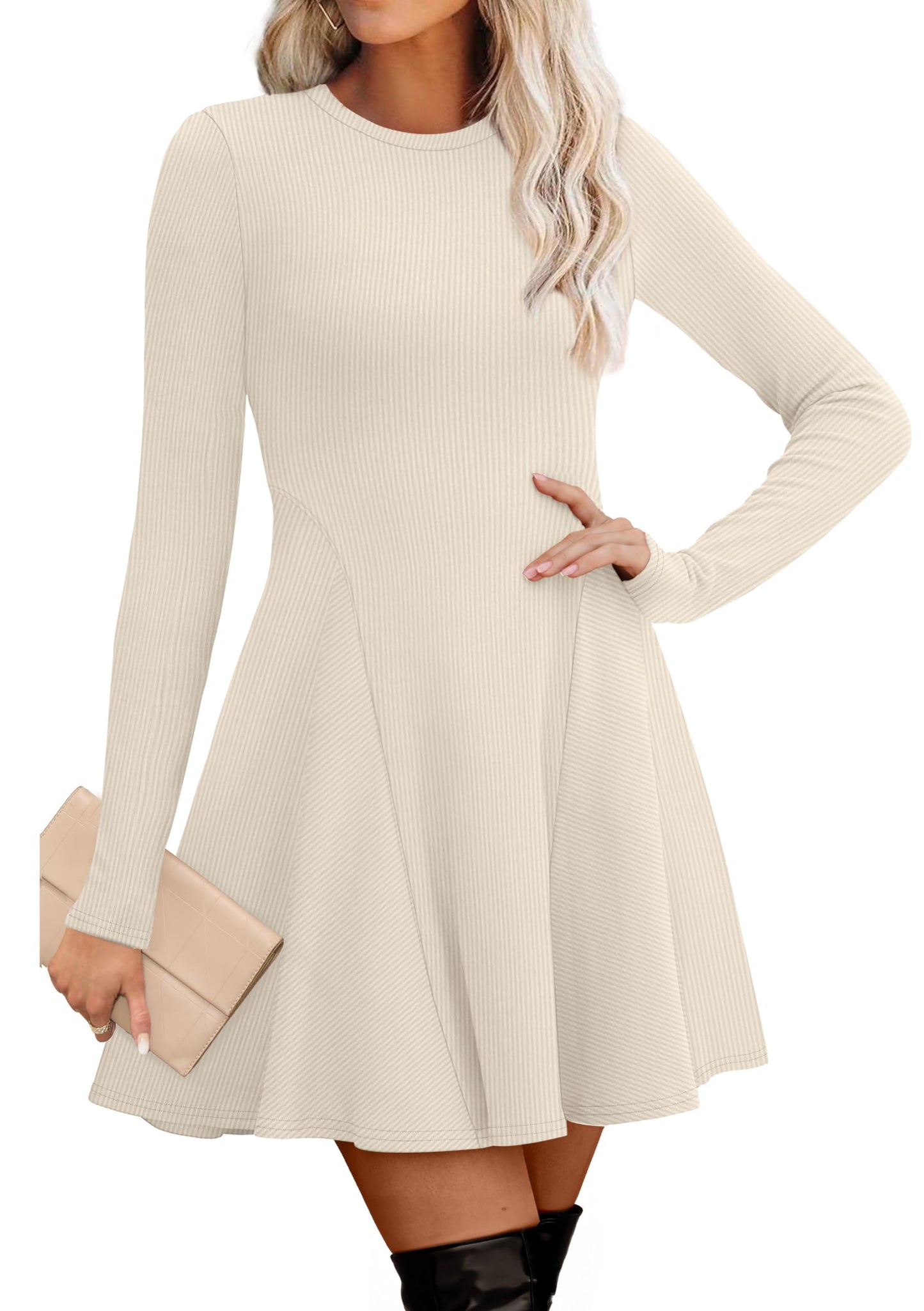 Women's Sweater Dress - Long Sleeve Ribbed Knit Fit and Flare A-Line Dress Apricot