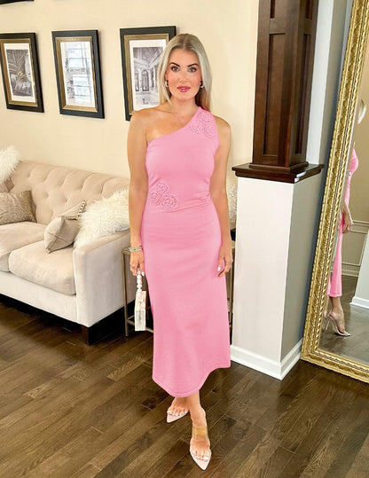 Women's One Shoulder Maxi Dress - Floral Ribbed Knit Summer Cocktail Dress