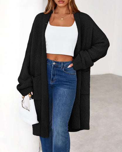 Women's Long Cardigan Sweater - Open Front Oversized Knit Coat with Pockets
