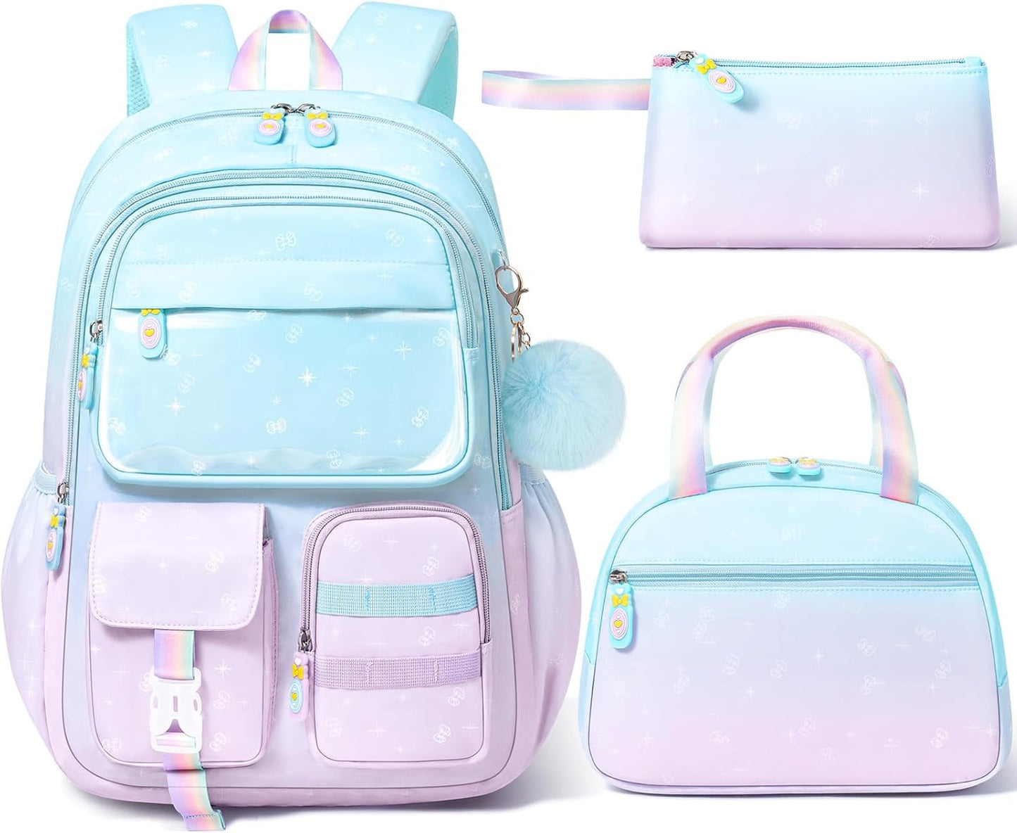 Girls School Backpack Set 3-Piece - Waterproof Kids Backpack with Lunch Box Blue Purple