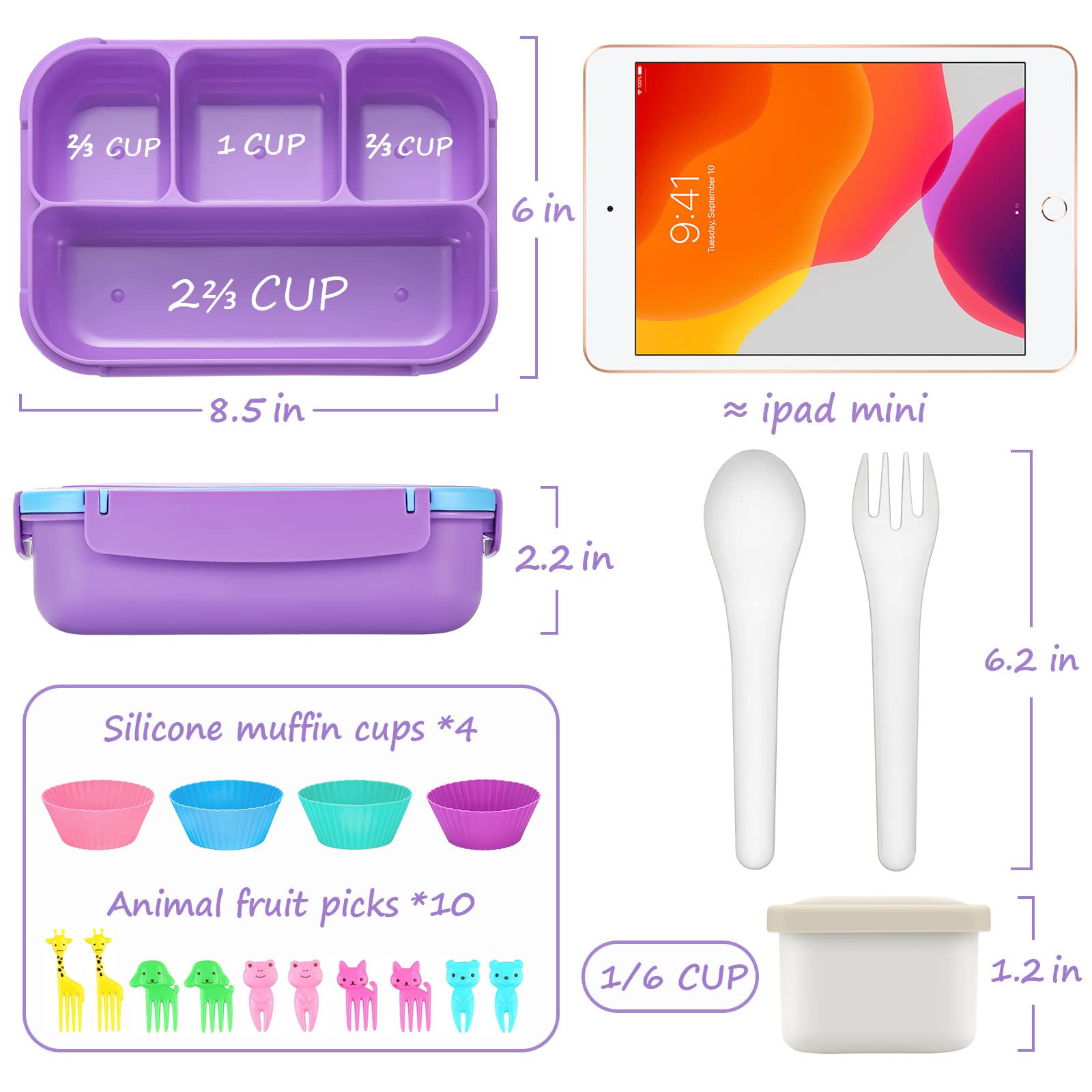 Bento Lunch Box for Kids - 4 Compartment Leak-Proof School Lunch Container with Utensils Purple