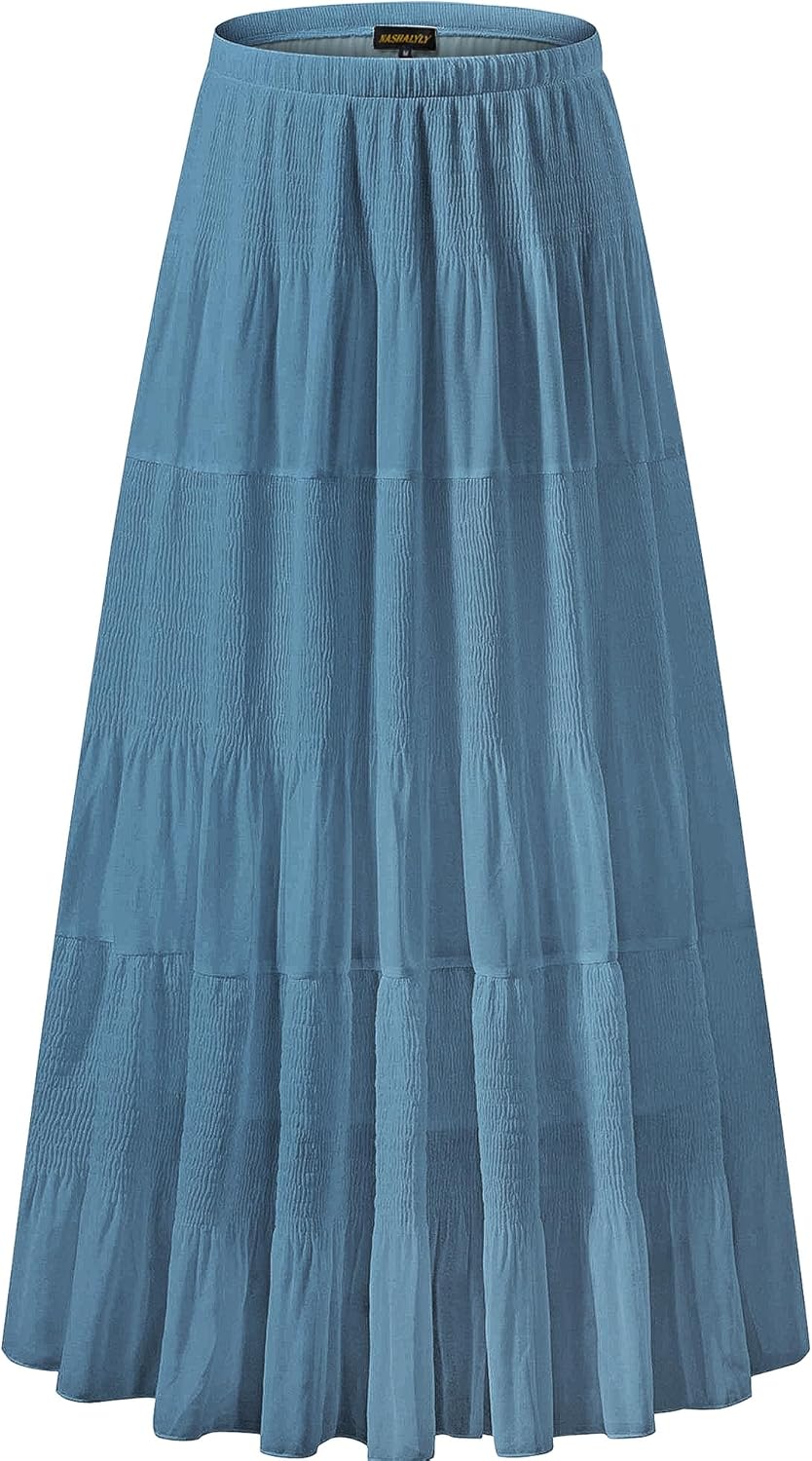 Chiffon Maxi Skirt for Women - High Waist Pleated A-Line Flared Long Skirt Powder Blue