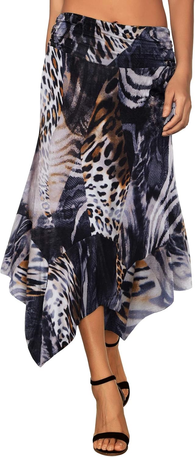 Women's Flowy Handkerchief Hemline Midi Skirt - Elastic Waist Asymmetrical Hem