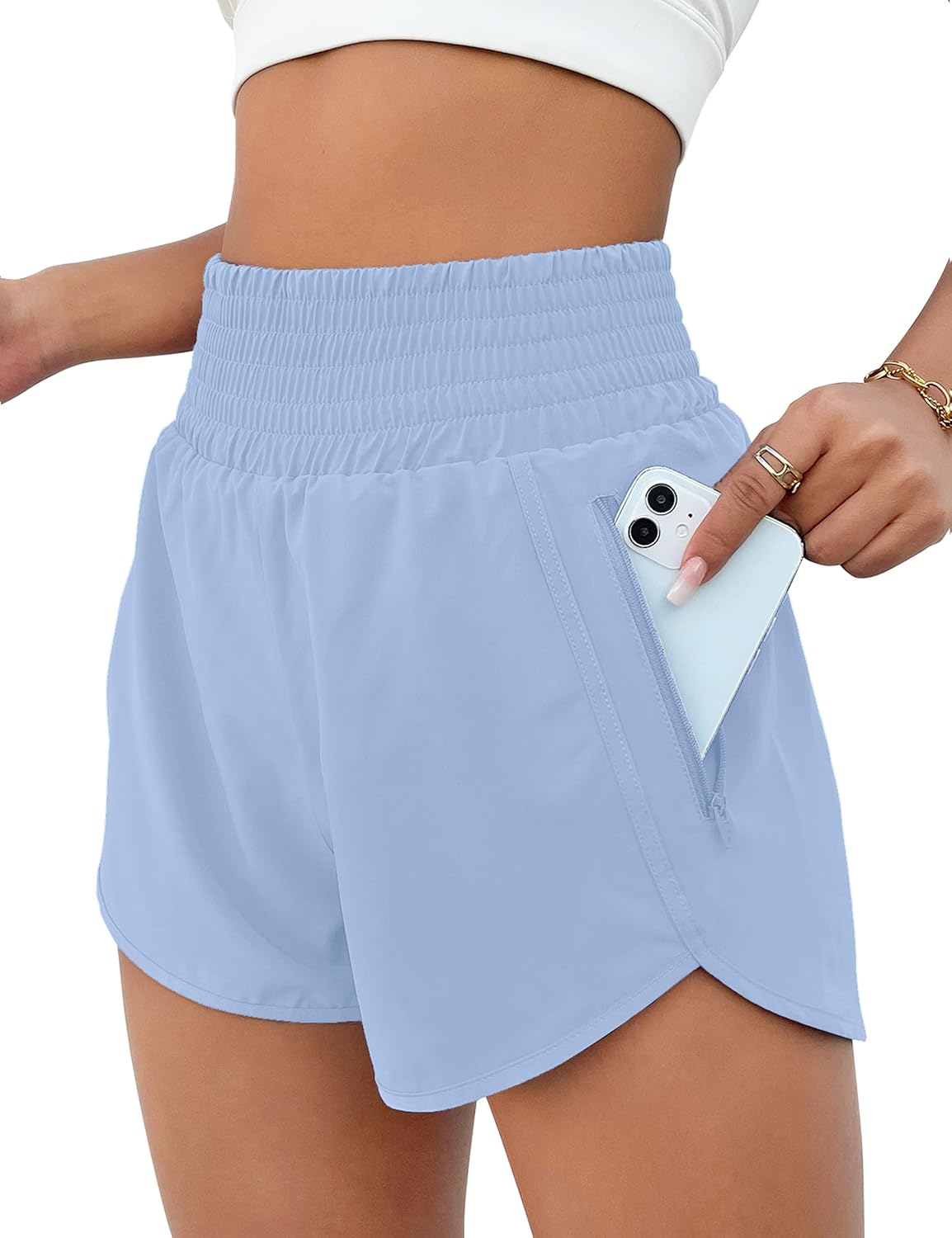 High Waisted Athletic Shorts Women Running Workout Shorts with Pockets Gym Sporty Sky Blue