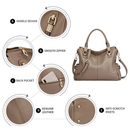 Women Genuine Leather Handbag - Soft Satchel Tote Shoulder Bag with Adjustable Strap