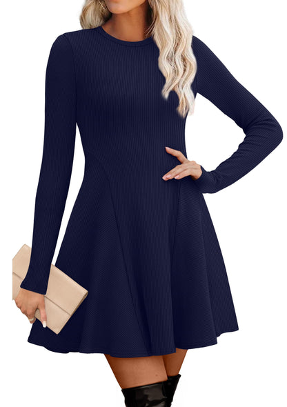 Women's Sweater Dress - Long Sleeve Ribbed Knit Fit and Flare A-Line Dress