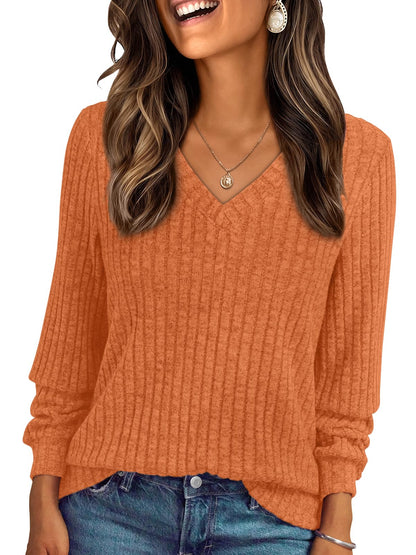 V Neck Long Sleeve Sweater for Women - Loose Fit Tunic Top for Fall & Winter Pumpkin