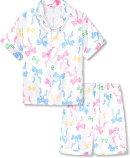 Girls Satin Pajama Set - Silky Button Down PJ with Shorts Size 6-16 White & Colour Bows (Short Sleeve & Shorts)