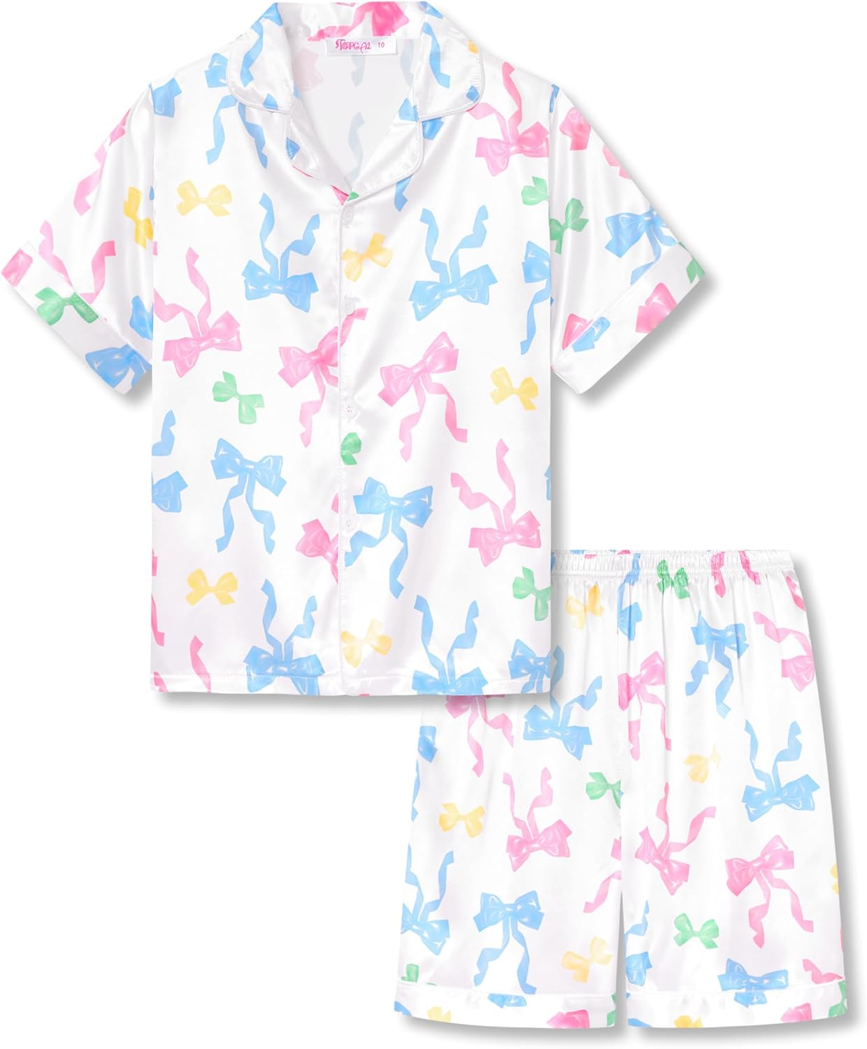 Girls Satin Pajama Set - Silky Button Down PJ with Shorts Size 6-16 White & Colour Bows (Short Sleeve & Shorts)