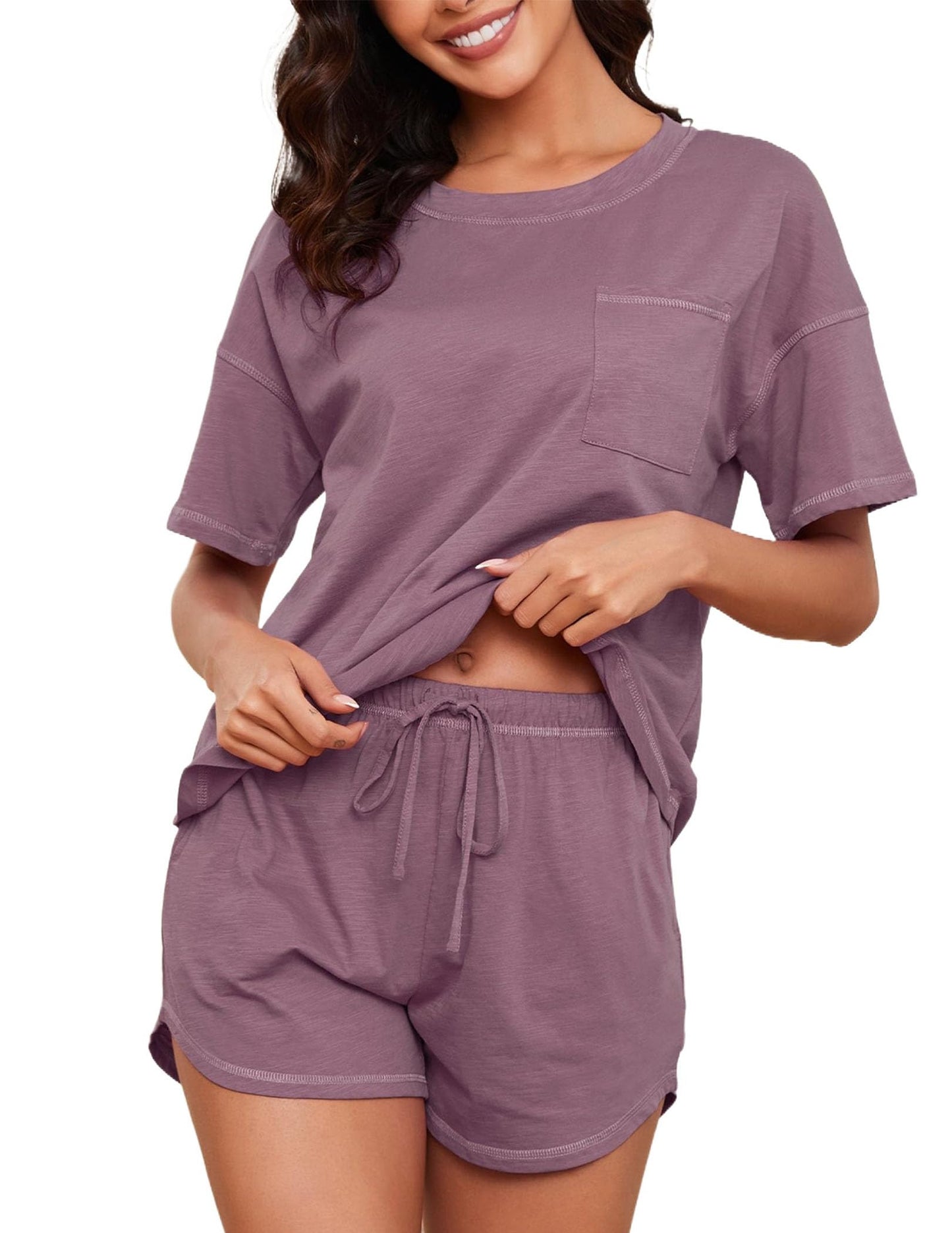 Women's Cotton Pajama Set - Short Sleeve Top and Shorts Sleepwear Lounge Set Taro Purple