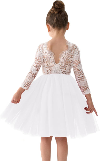 2Bunnies Girl Peony Lace Back A-Line Straight Tutu Tulle Party Flower Girl Dress 2T #3 White Sleeve Short