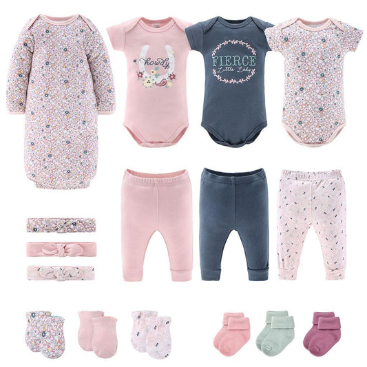 Baby Girl Layette Gift Set 16 Piece - Newborn Clothes 0-9 Months Prairie Floral Cotton