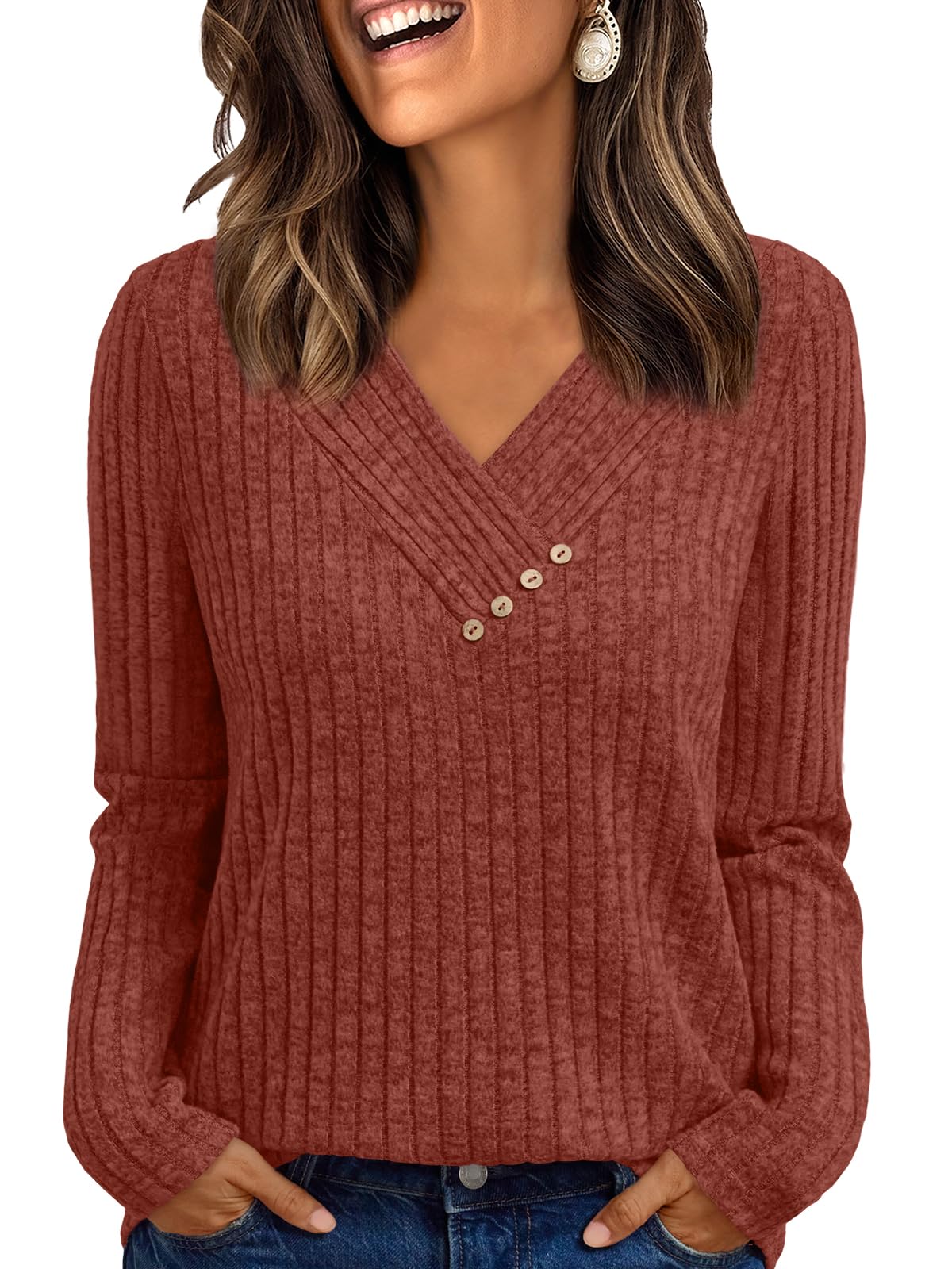 Women's Long Sleeve V Neck Tunic Tops - Dressy Casual Work Blouse Sweater Caramel