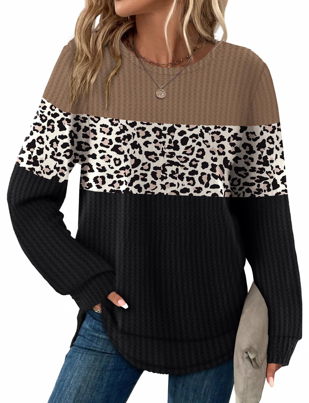 Women's Tunic Tops - Loose Fit Waffle Knit Long Sleeve Crewneck Sweaters