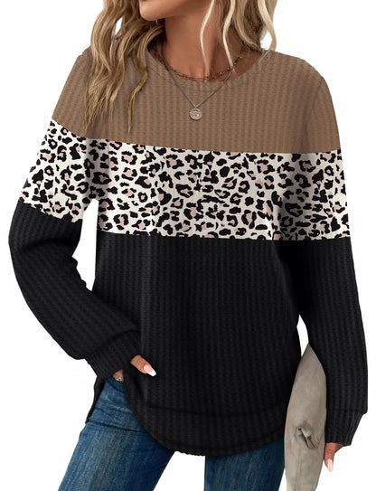Women's Tunic Tops - Loose Fit Waffle Knit Long Sleeve Crewneck Sweaters Z-c-brown-leopard-black
