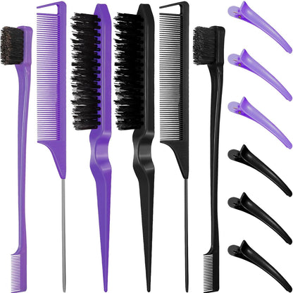 Hair Brush Set 12 Pieces Double Sided Edge Brush Teasing Combs Styling Kit Purple, Black