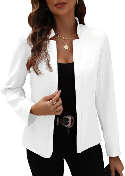 Women's Tweed Blazer Jacket - Open Front Stand Collar Professional Work Coat XX-Large Thin Light White