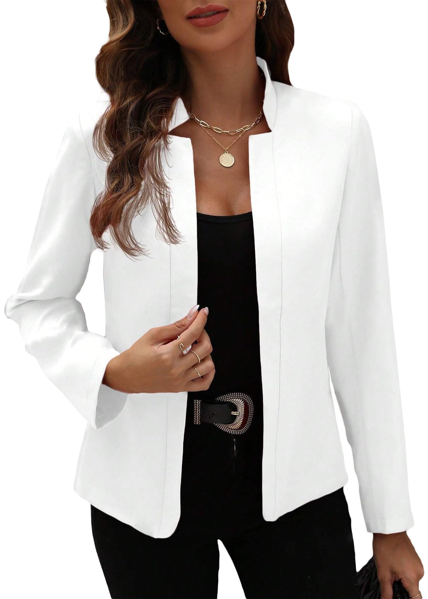 Women's Tweed Blazer Jacket - Open Front Stand Collar Professional Work Coat XX-Large Thin Light White