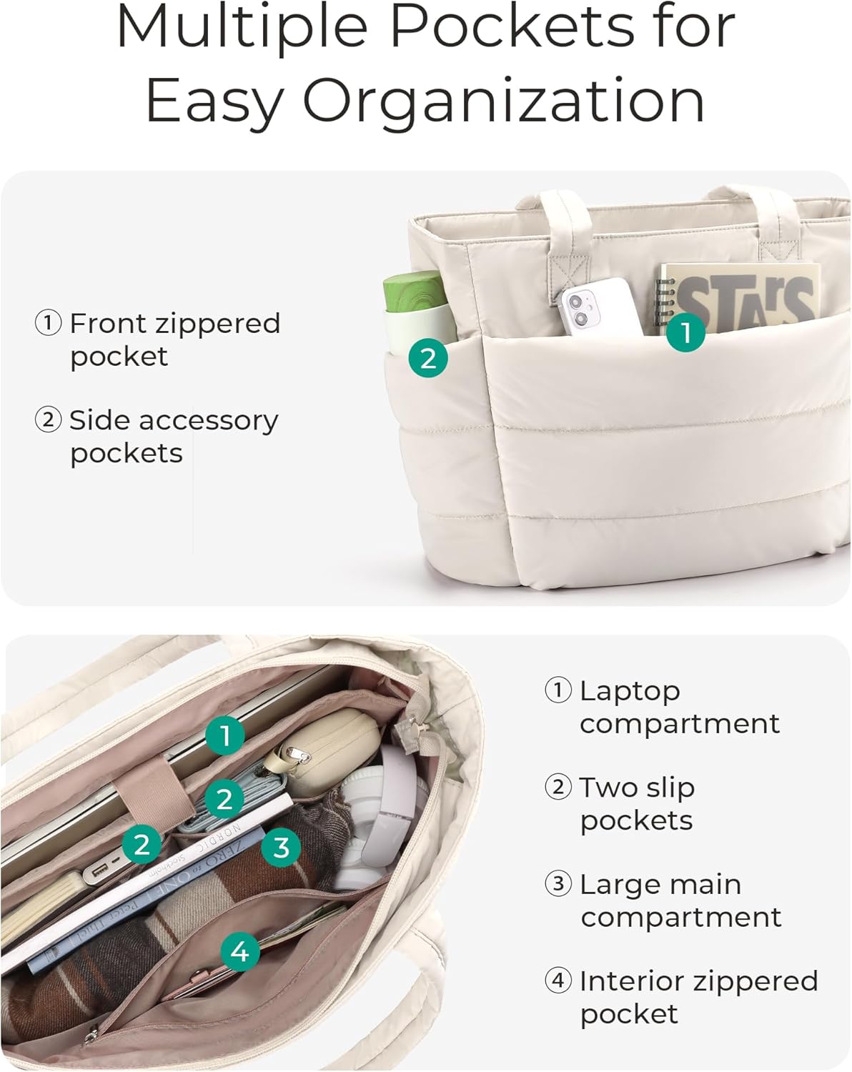 Women's Quilted Tote Bag Lightweight Puffy Shoulder Bag with Compartments