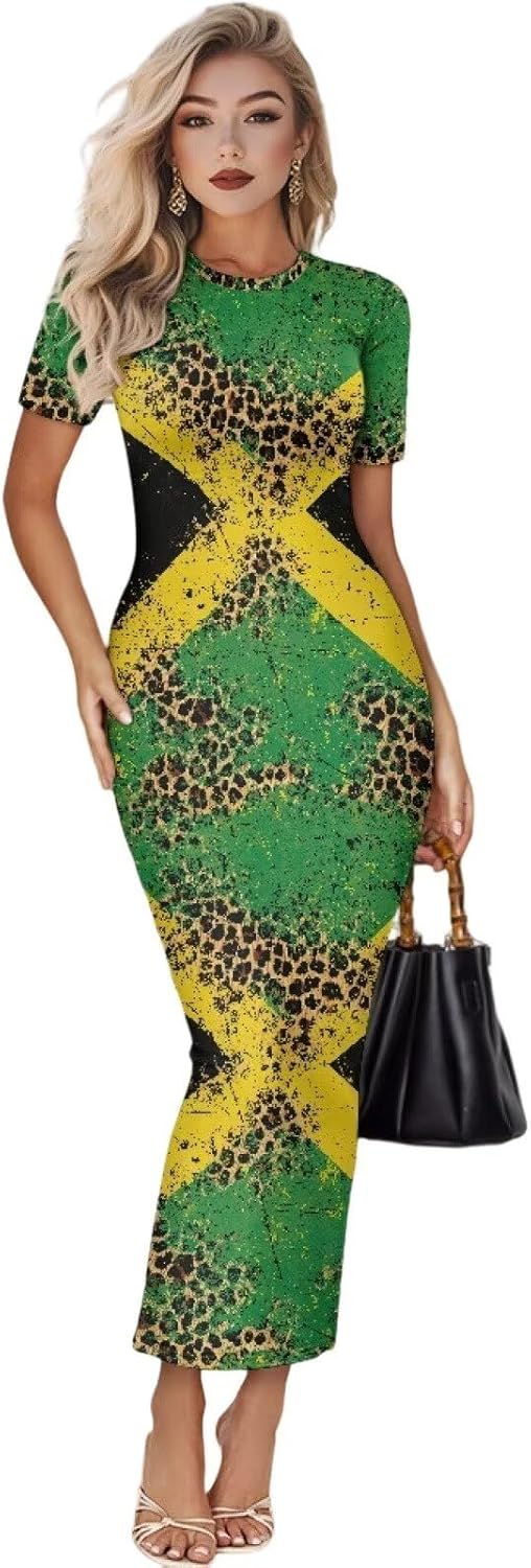 Women's Jamaican Flag Bodycon Midi Dress Short Sleeve X-Small Sexy Reggae Style