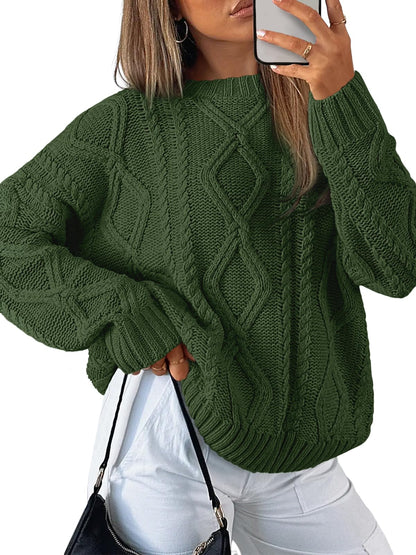 Women's Oversized Cable Knit Crewneck Sweaters - Cozy Fall Pullover Army Green