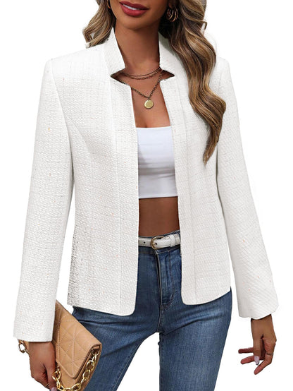 Women's Tweed Blazer Jacket - Open Front Stand Collar Professional Work Coat