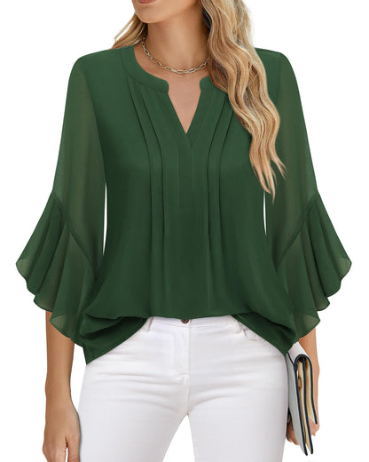 Beautiful Blouses For Ladies - Women's 3/4 Sleeve Chiffon Blouse Dressy Business Casual Work Shirt