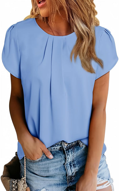 Polyester Blouses - Women's Chiffon Blouse Short Sleeve Pleated Top with Keyhole Back Detail