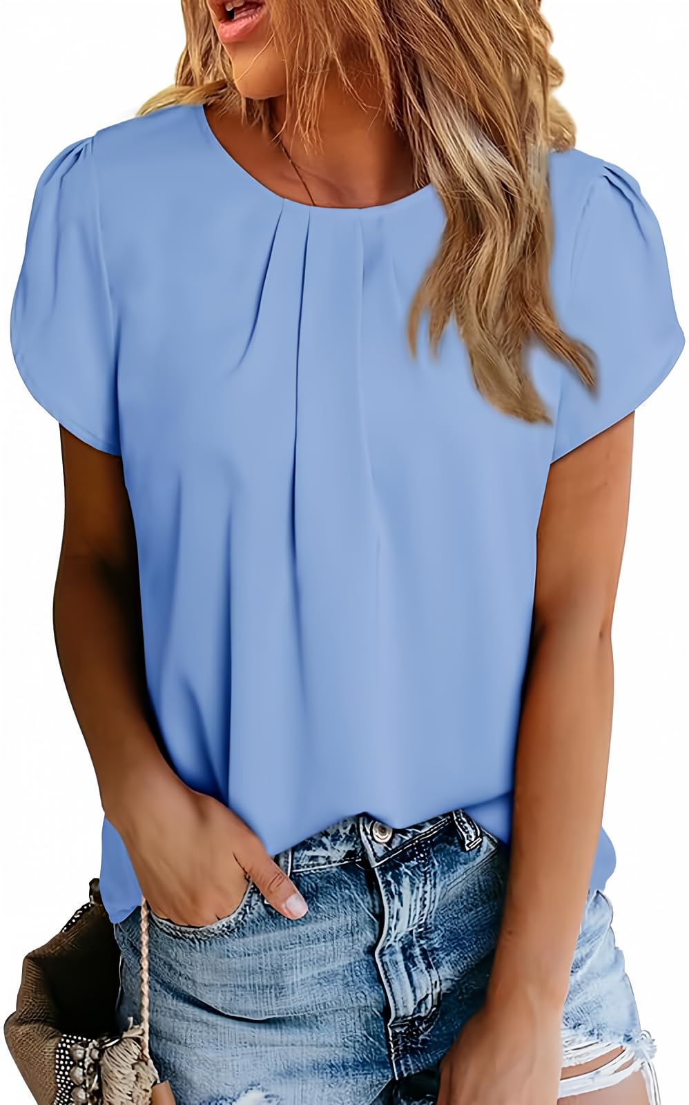Polyester Blouses - Women's Chiffon Blouse Short Sleeve Pleated Top with Keyhole Back Detail