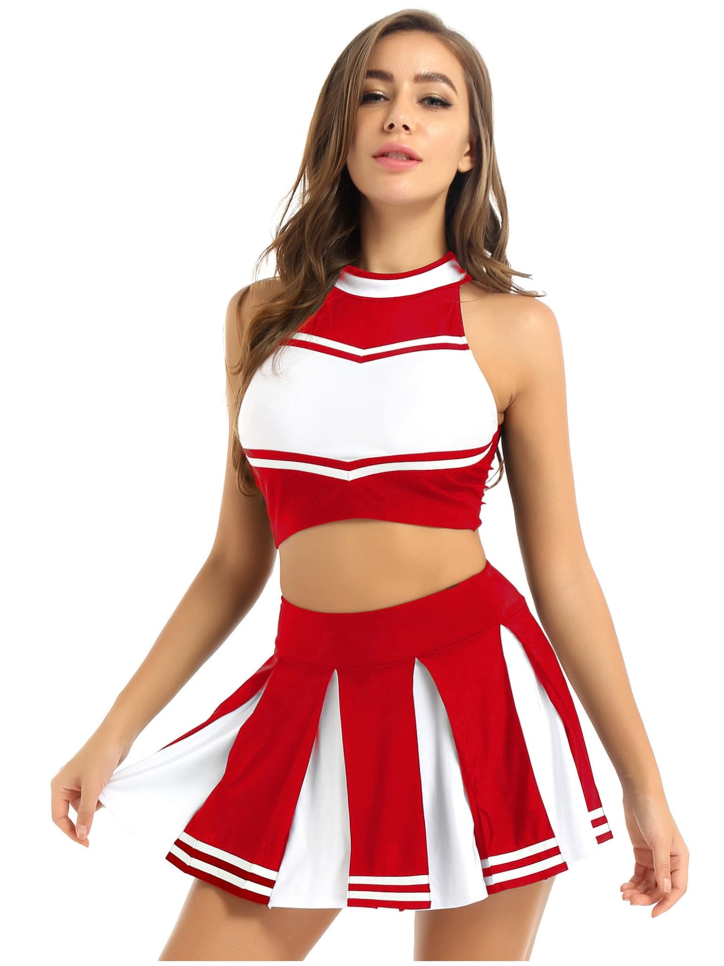 Cheerleader Costume - Women's Crop Top with Pleated Mini Skirt Uniform Red