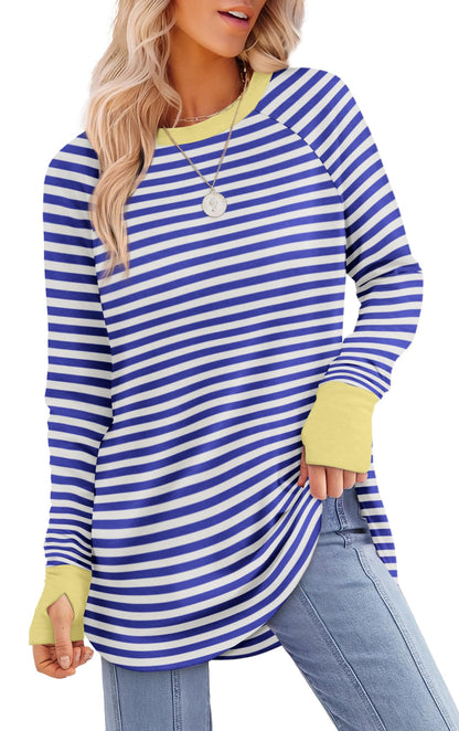 Tunic Top with Thumb Holes for Women - Long Sleeve Shirt with Curved Hem Stripe Blue White