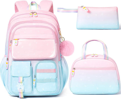 Girls School Backpack Set 3-Piece - Waterproof Kids Backpack with Lunch Box Pink Blue