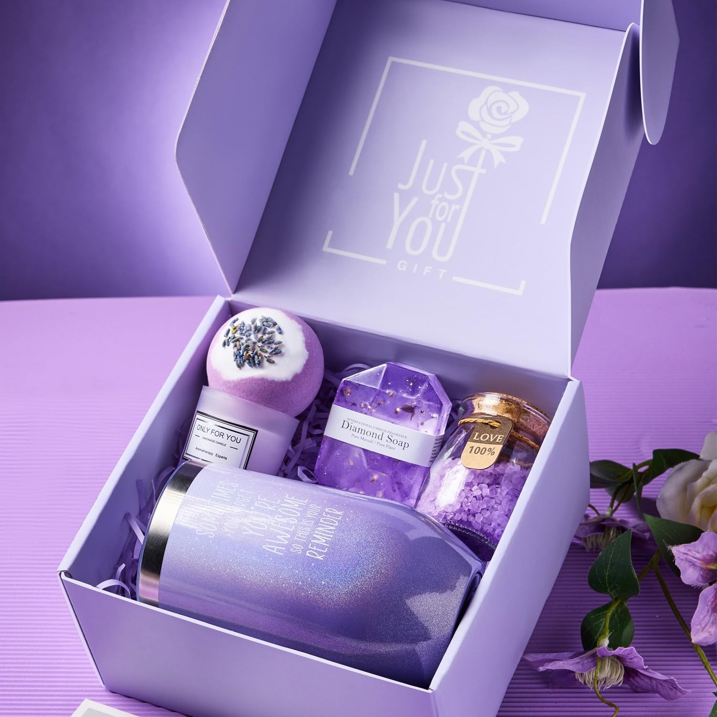 Lavender Spa Gift Basket for Women - 6 Piece Relaxation Set Birthday Christmas Mothers Day