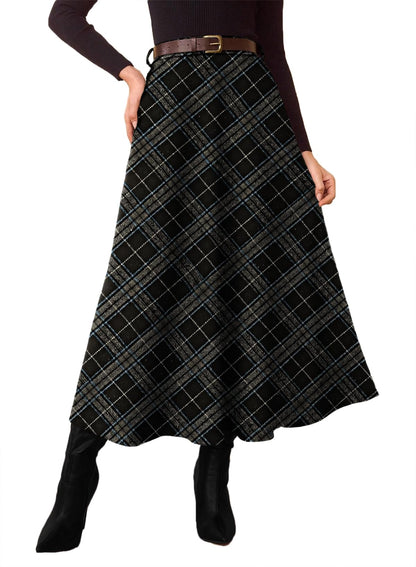 Women's Plaid Skirts - High Waist A-Line Midi Tartan Skirt with Pockets