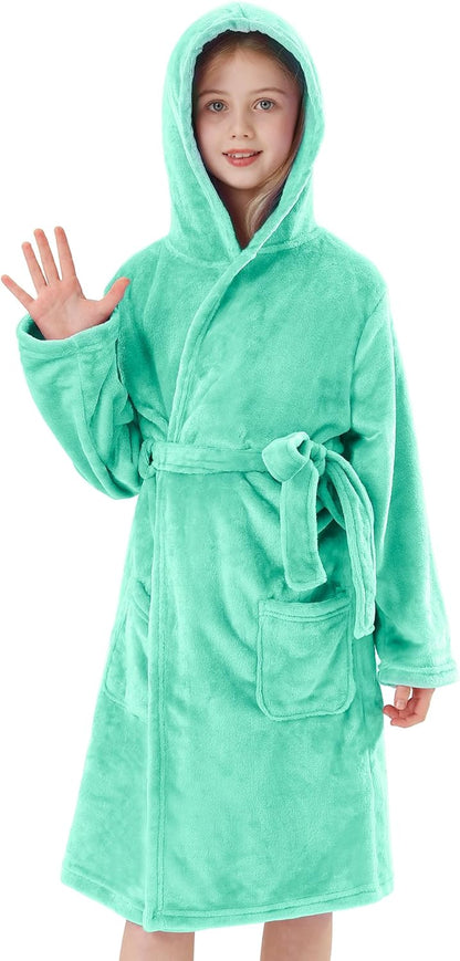 Girls Hooded Fleece Bathrobe - Soft Plush Warm Robe for Kids 3-14 Years Aqua