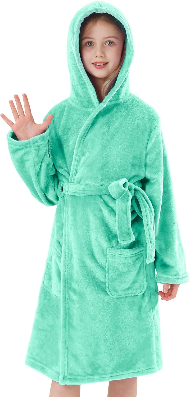 Girls Hooded Fleece Bathrobe - Soft Plush Warm Robe for Kids 3-14 Years Aqua