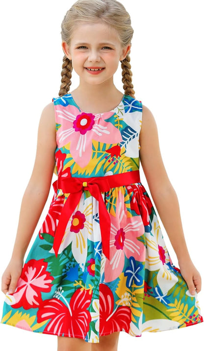 Girls Floral Cotton Dress - Sleeveless Summer Dress with Zipper Closure