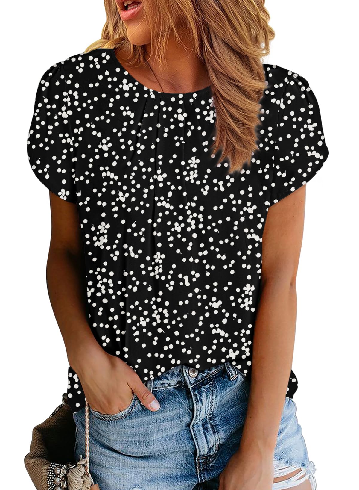 Polyester Blouses - Women's Chiffon Blouse Short Sleeve Pleated Top with Keyhole Back Detail Black Print