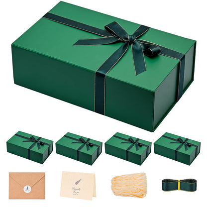 Gift Boxes with Lids 2 Pack - Magnetic Closure with Ribbon, Card, Filler & Sticker 1 Count (Pack of 5) Dark Green