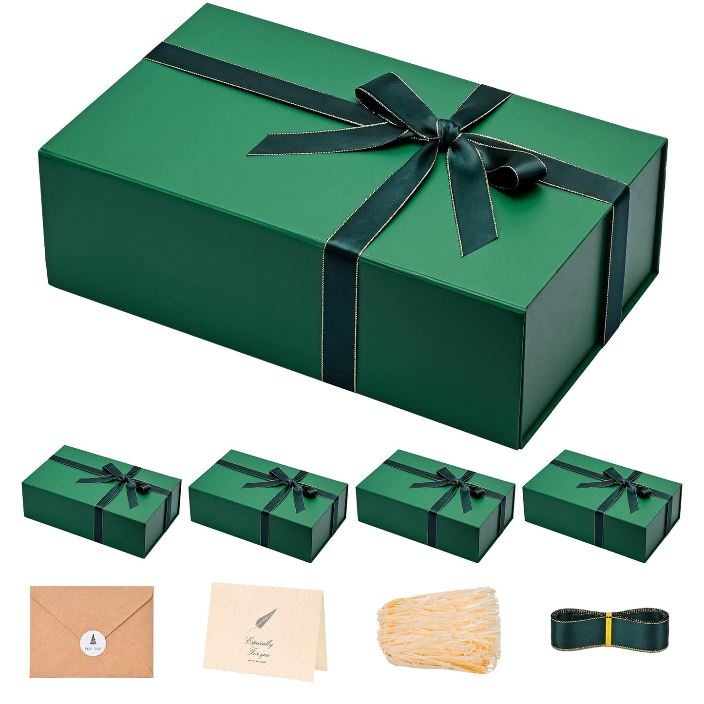Gift Boxes with Lids 2 Pack - Magnetic Closure with Ribbon, Card, Filler & Sticker 1 Count (Pack of 5) Dark Green
