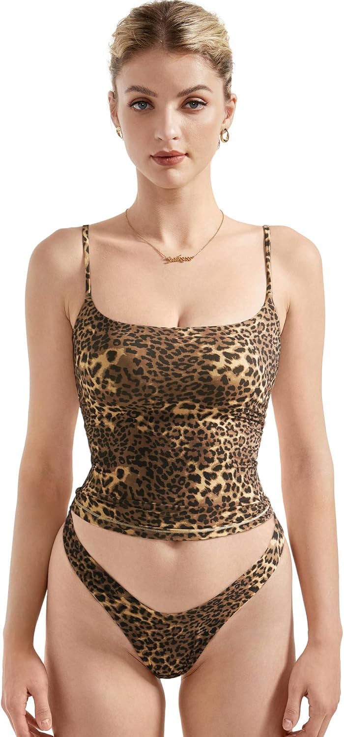 Women Square Neck Tank Top - Summer Cami with Adjustable Straps Small Deep Leopard