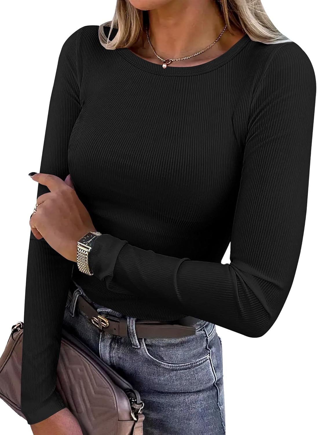 Women's Long Sleeve Rib Knit Shirt Slim Fit Crew Neck Basic Tee
