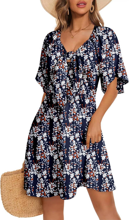 Women's Deep V-Neck Mini Dress with Bow Tie - Elegant Summer Fall Outfit