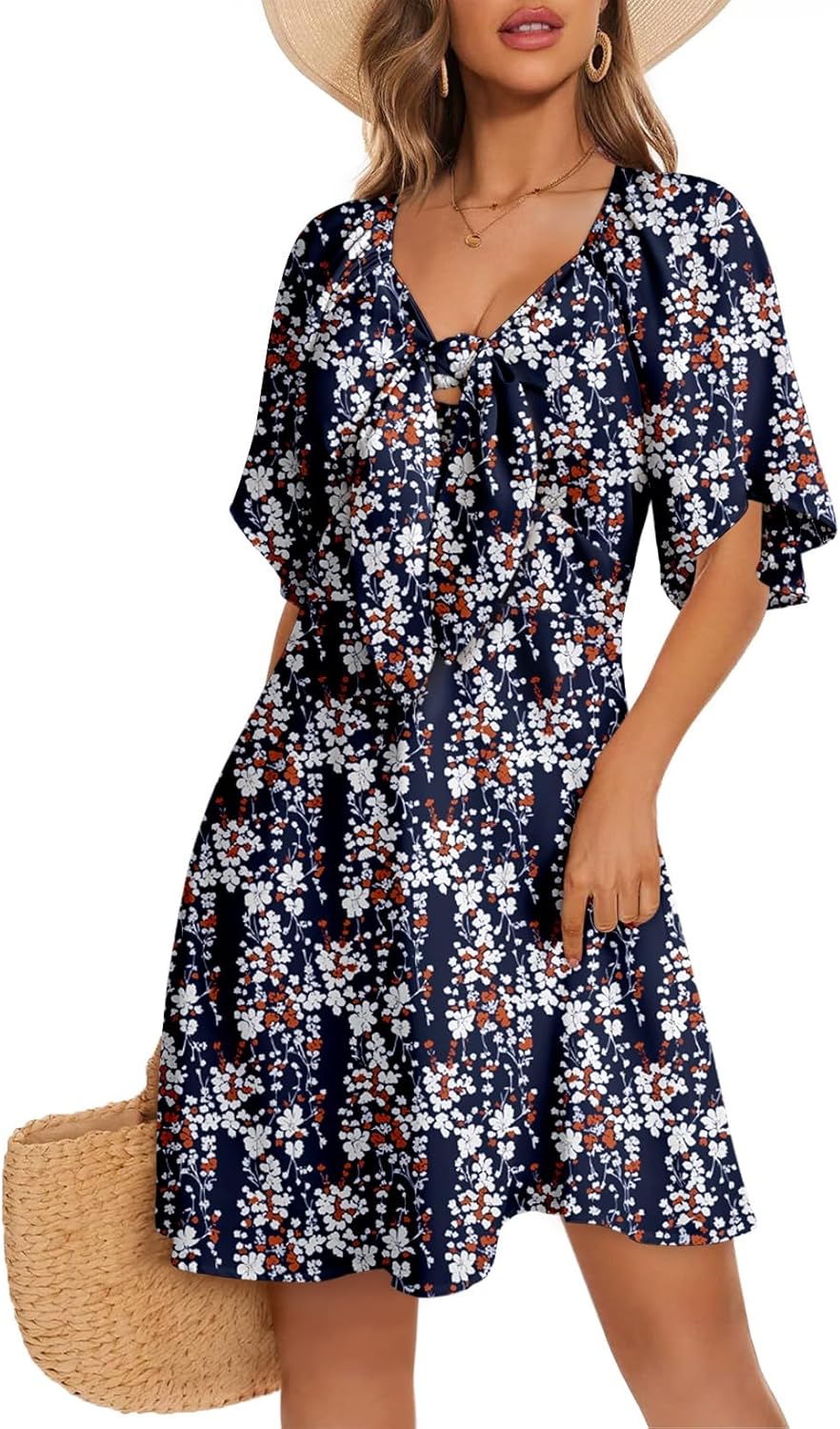 Women's Deep V-Neck Mini Dress with Bow Tie - Elegant Summer Fall Outfit