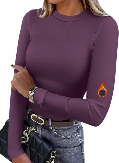 Women's Long Sleeve Thermal Shirt - Fleece Mock Neck Slim Fit Top Purple