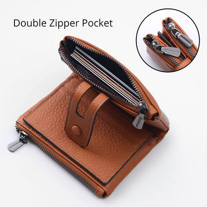 Women Leather Wallet - Small RFID Blocking Card Holder with Double Zipper